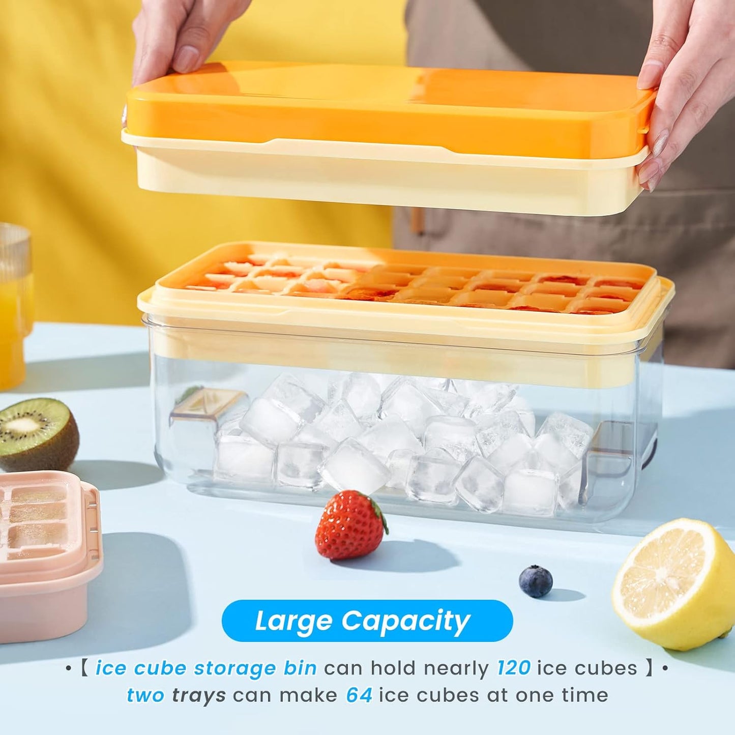 PHINOX Ice Cube Tray with Lid and Bin, Ice Trays for Freezer, Flexible Ice Cube Trays, Making 64 pcs Ice Cubes, Chilling Cocktail, Whiskey, Coffee, with 2 trays, Ice Container, Scoop&Cover, BPA Free