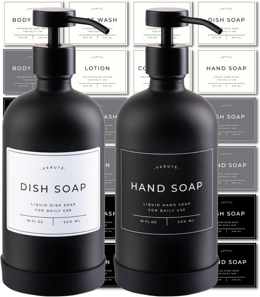 16oz Glass Soap Dispenser with Stainless Steel Pump, 21 Waterproof Labels, Non-Slip Protective Silicone Pad, Set of 2 for Bathroom & Kitchen (Matte Black Bottle/Black Pump)