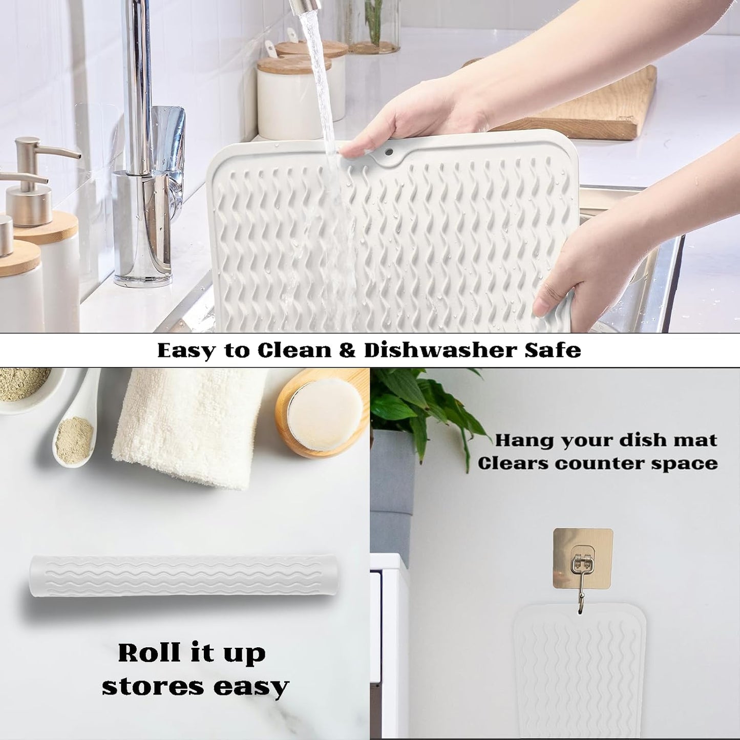 ZLR Silicone Dish Drying Mat for Kitchen Counter, Eco-Friendly Fast Dry Dish Mat, Easy Clean Multi Usage Drying Matt, Heat Resistant Trivet, 16" x 12" Large, Milk White