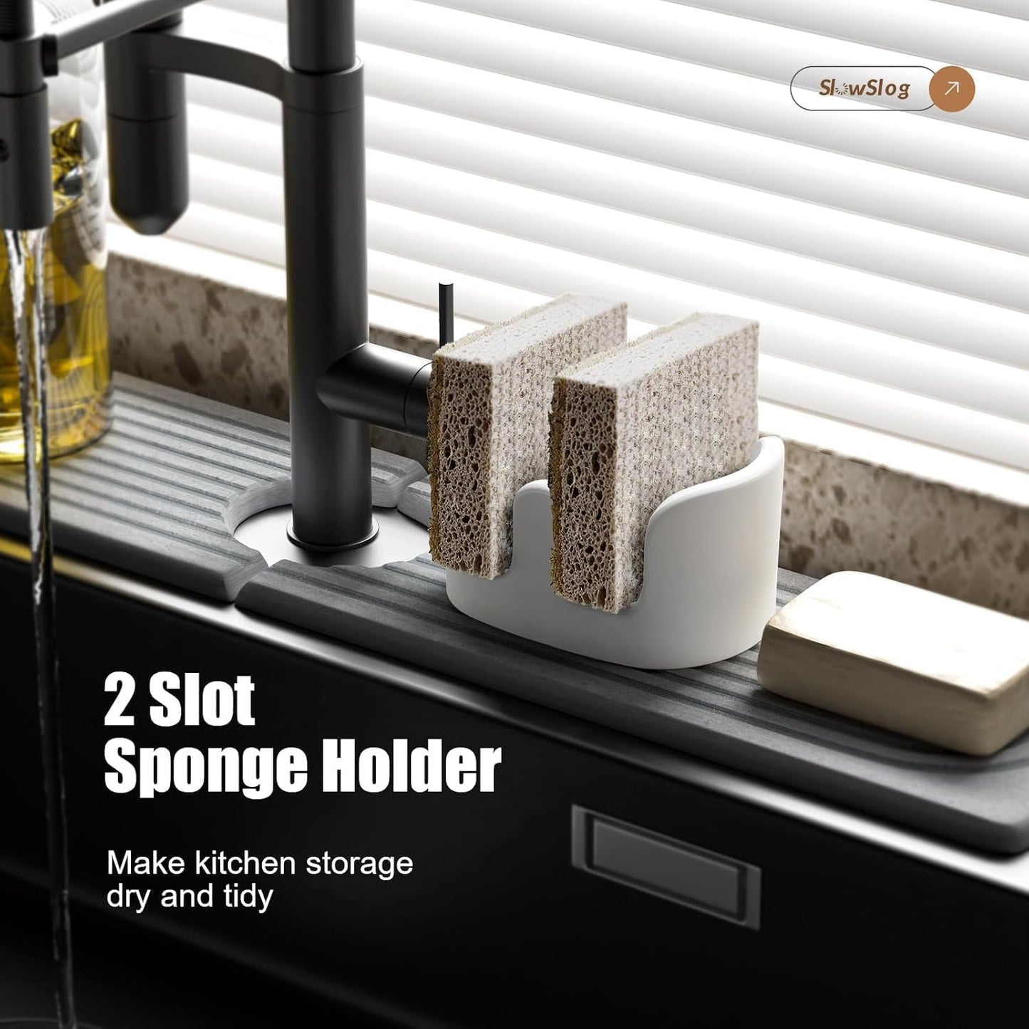 2 Pack Double Sponge Holder, Diatomite Stone Absorbent Sponge Stand for Kitchen Sink - Quick Dry Organizer for Kitchen Countertop, White