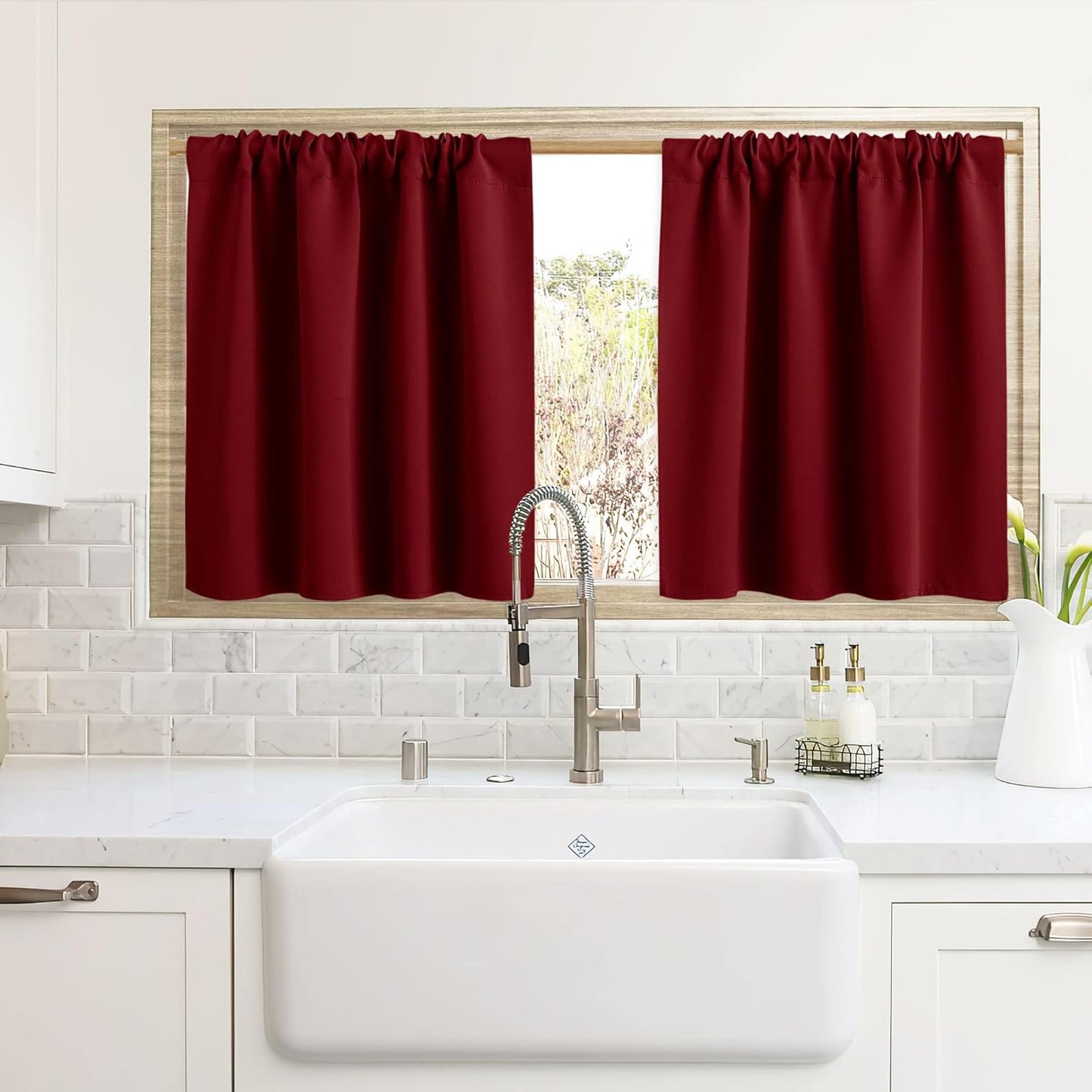 RYB HOME Blackout Curtains for Kitchen, Over Sink Privacy Curtains Window Decor, Thermal Insulating Drapes for Bathroom Cafe Bedroom Small Window, W 42 x L 24 inch, Burgunday Red, 2 Panels