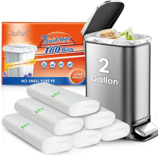 180 Counts 2 Gallon (1.8-2 Gal) Small Trash Bags Garbage Bags by RayPard, fit 1.6,1.8,2,2.2 Gal Waste Basket, 6.5-7 Liter Strong Trash Can Liners for Home Office Kitchen Bathroom Bedroom, Clear