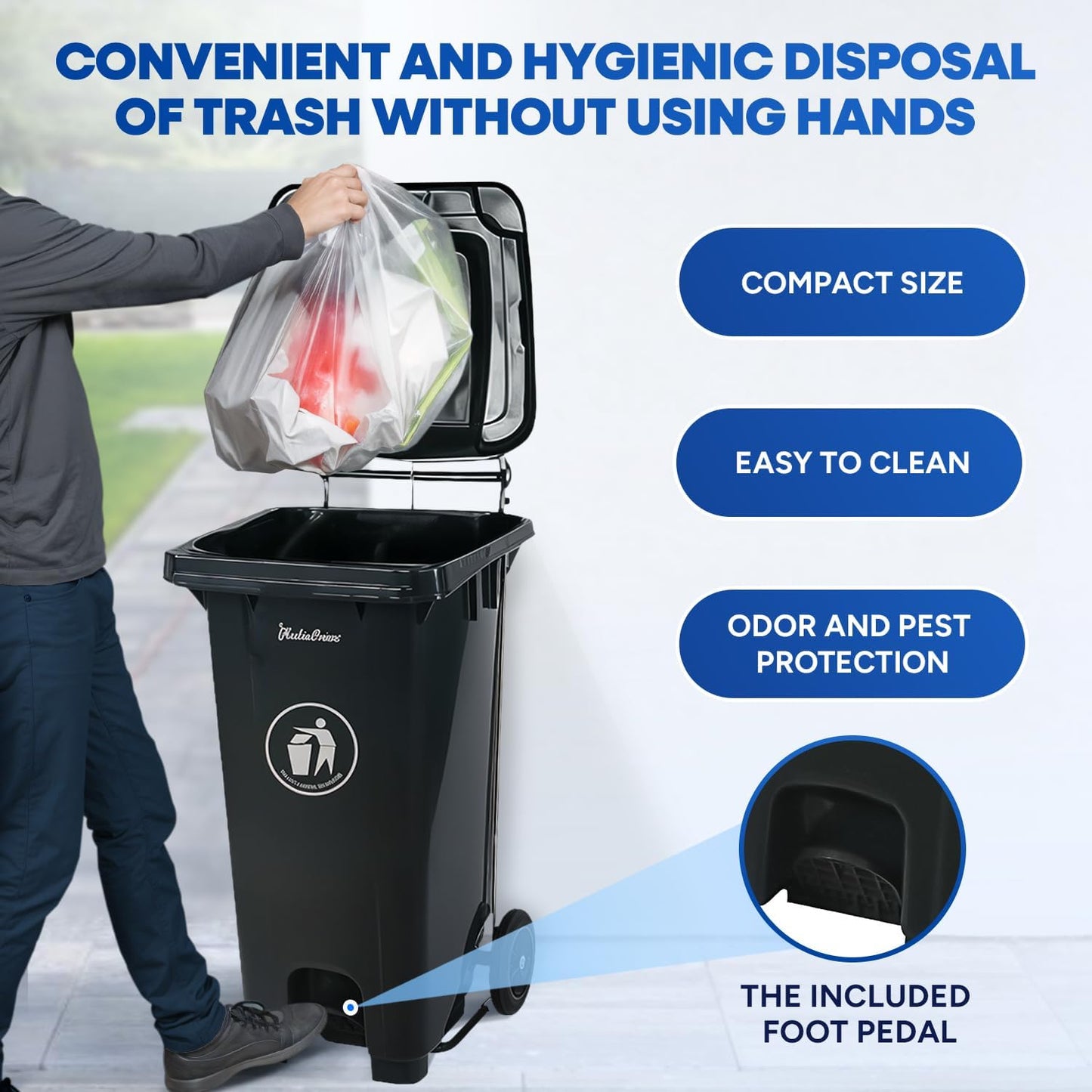 32 Gallon Step-On Large Outdoor Trash Can with Lid and Wheels - Outside Plastic Rolling Garbage Can - Rollout Commercial Heavy-Duty Container Barrel, Gray 2 Pack