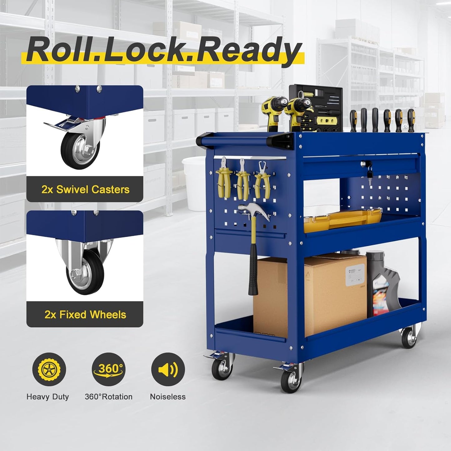 3-Tier Rolling Tool Cart with Drawers, Heavy Duty Utility Storage Cart with pegboard, Lockable Metal Tool Chest on Wheels for Garage, Warehouse & Repair Shop