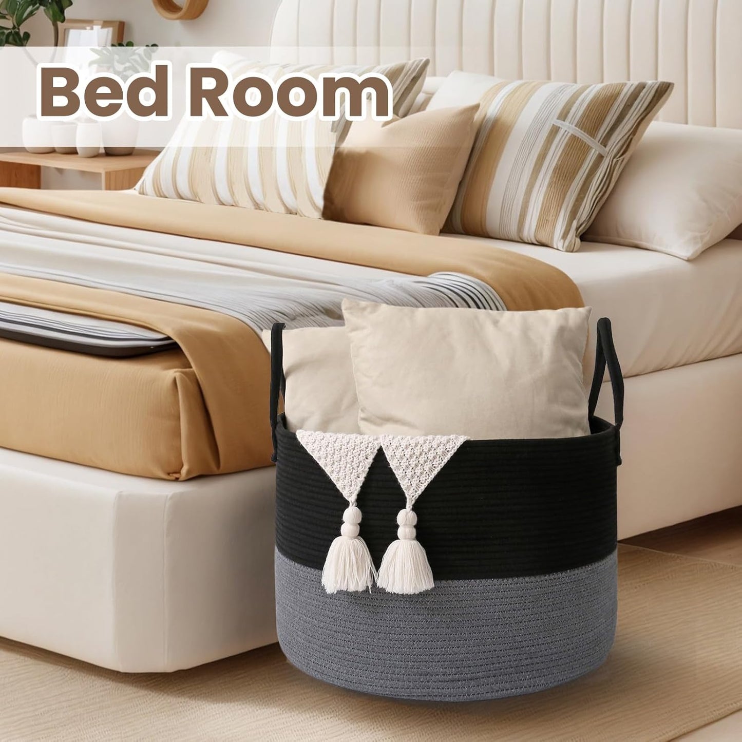 Woven Blanket Basket,65L Large Rope Storage Bin with Handles, Organizer for Blankets Toys Book and Clothes, Laundry Basket for Living Room Bedroom Nursery,Black&Grey