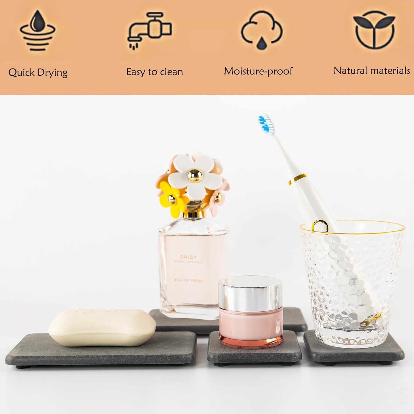 Set of 4 Water Absorbent Diatomite Coasters, Diatomaceous Earth Kitchen Soap Dish, Bathroom Trays, Water Absorbing Stone Used for Hand Soaps & Plants & Toiletries in The Modern Home