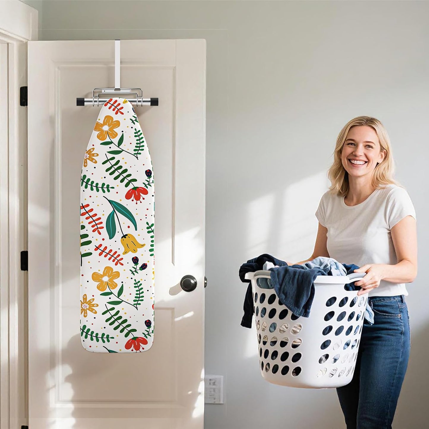 Over The Door & Wall Mount Ironing Board Hanger with Removable Hook, Metal Ironing Board Holder Organizer Wall Rack for Y & T Shaped (Silver)