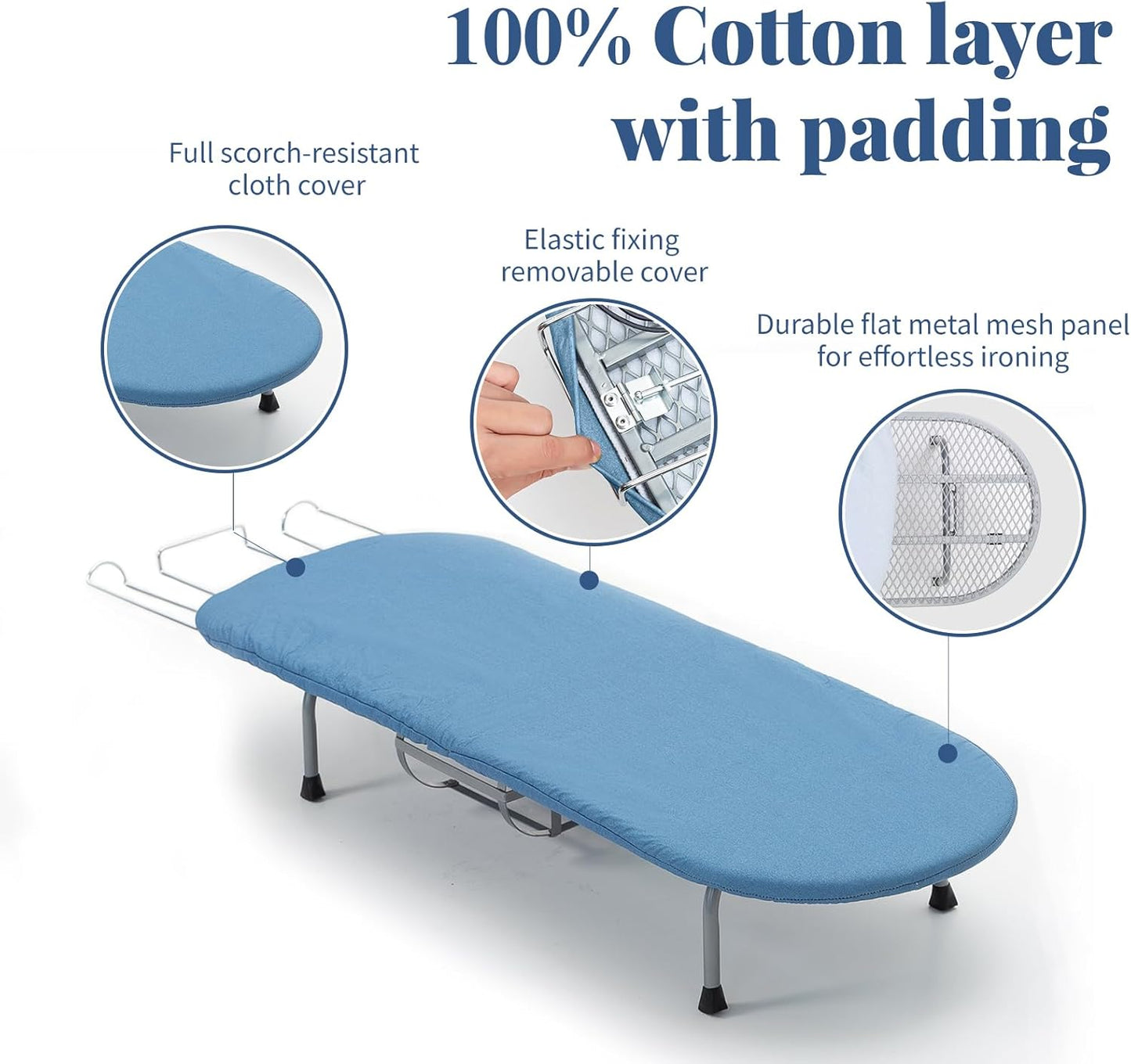 Metal Foldable Iron Board with Iron Holder, RAINHOL Small Ironing Board Tabletop with Heat Resistant Cover, 31x12 Mini Compact Ironing Table for Dorms, Aprtment, Blue