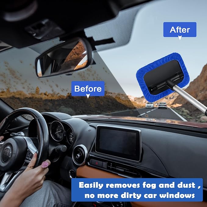 Frienda 3 Set Windshield Cleaner Tool Inside Car Window Cleaner Tool with 3 Extendable Handle 9 Reusable Microfiber Pads and 3 Spray Bottles for Auto Home Interior Exterior Glass Cleaning(Blue)