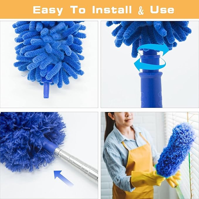 Professional Microfibre Dusters for Cleaning - Extendable 30-81" Cobweb Remover Kit with 3 Washable Heads, Bendable Design for High Ceilings, Fans & Hard-to-Reach Areas