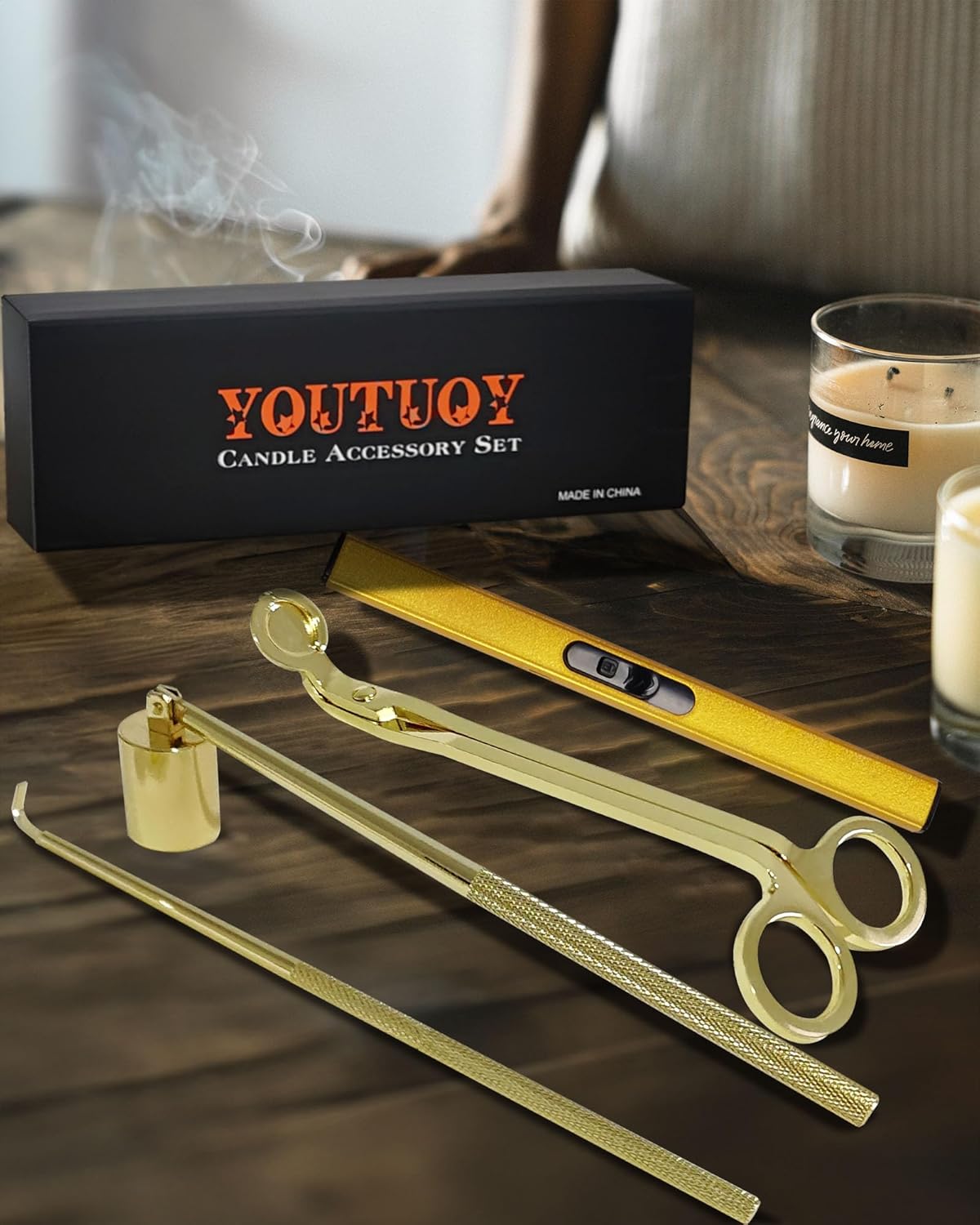 4 in1 Candle Accessory Set with Rechargeable Candle Lighter, Candle Wick Trimmer, Candle Wick Snuffer, Candle Wick Dipper, Candle Care Kit (Gold)