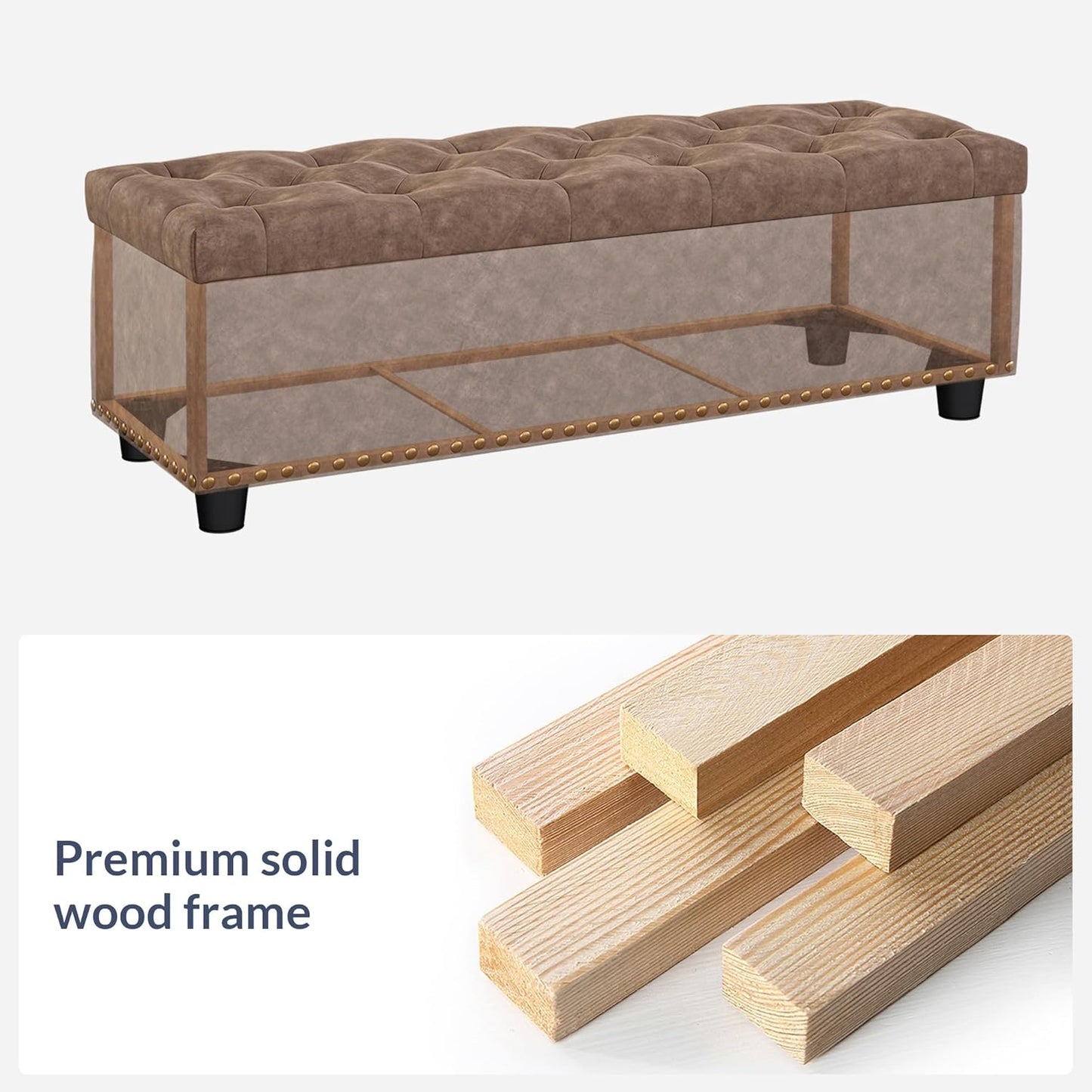 BELLEZE 47" Storage Ottoman, Storage Bench with Safety Close Hinge, Faux Leather Button-Tufted Ottoman for Living Room, Entryway, Hallway, Foot Rest, Support 300lbs - Rustic Brown