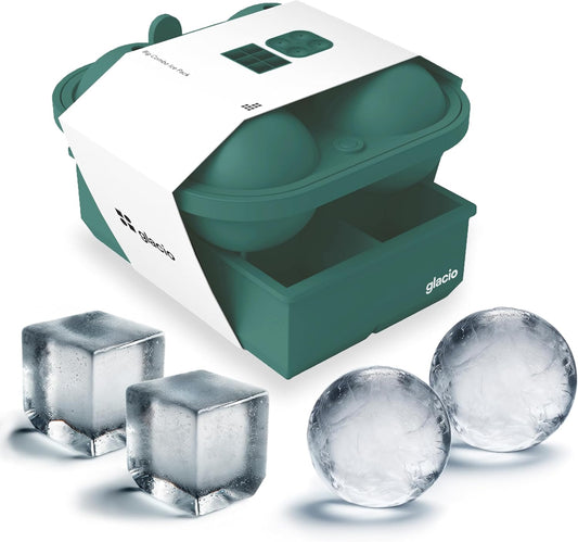 glacio Ball Ice Cube Tray and Big Ice Cube Molds for Whiskey, Slow-Melting, 100% Silicone, No-Plastic, Easy Release, Ideal for Gifting and Elevating Cocktails