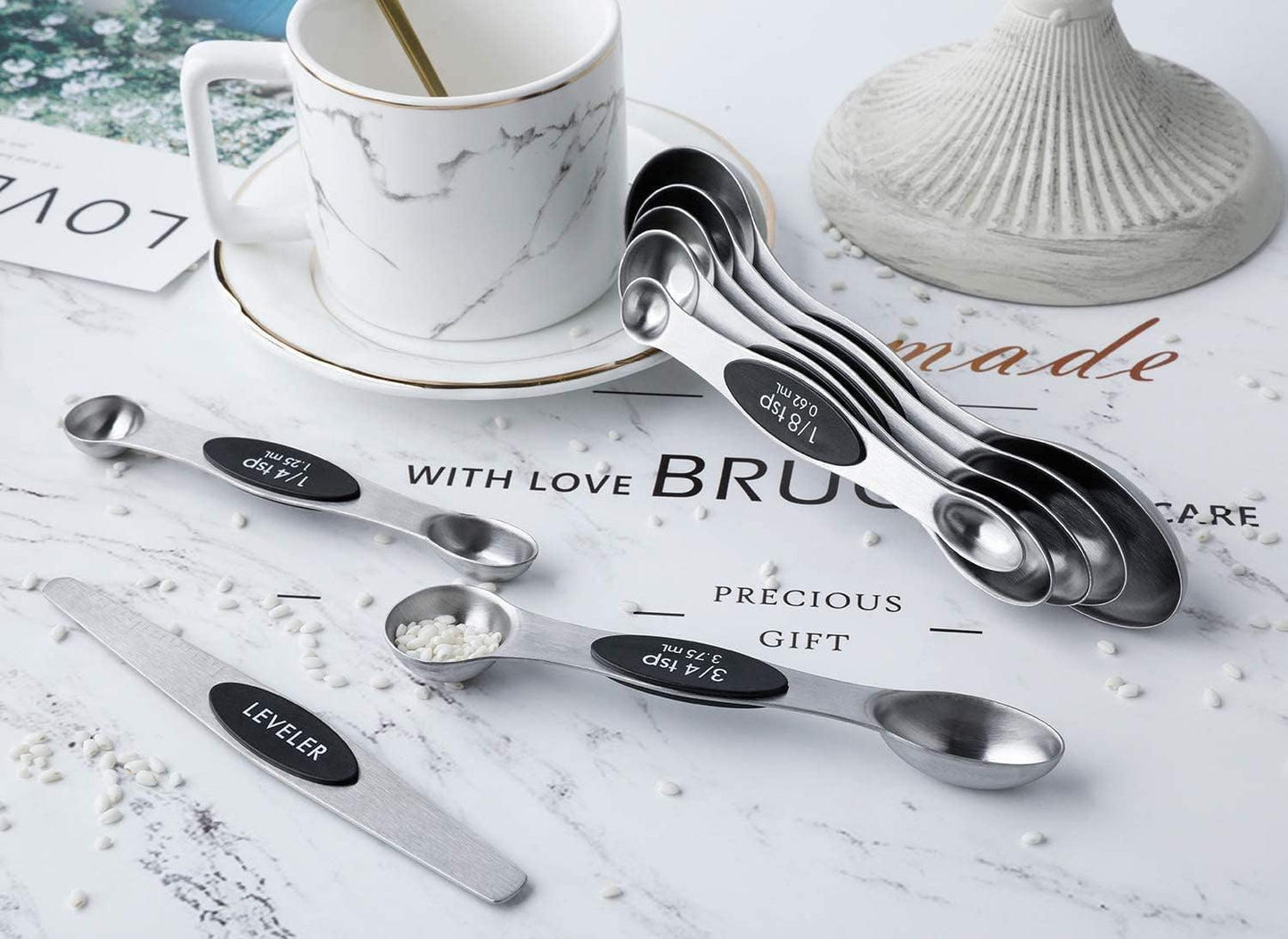 Magnetic Measuring Spoons Set of 8 Stainless Steel Stackable Dual Sided Nesting Teaspoons and Tablespoons for Measuring Dry and Liquid Ingredients