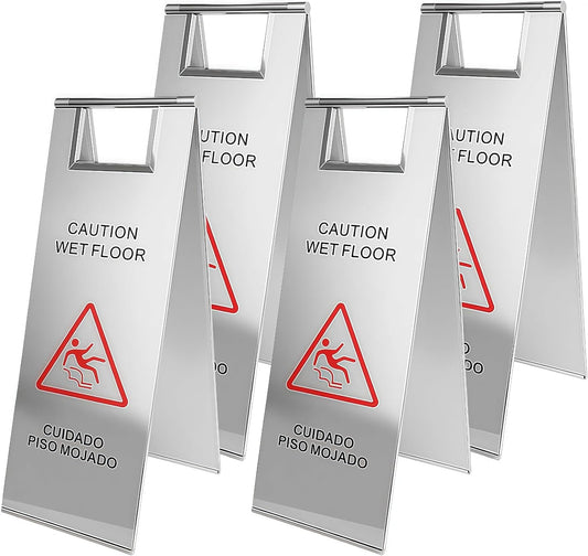 4 Pcs Stainless Steel Wet Floor Caution Sign, 24 Inch Portable Handle Bilingual Signaboard, Commercial Use Foldable Wet Floor Sign for Kitchen, Restaurant, Shop, Silver