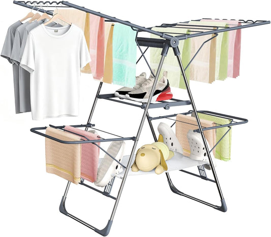 Clothes Drying Rack, Foldable 2-Level Laundry Racks for Drying Clothes Rack,Stainless Steel Drying Rack Clothing Collapsible for Indoor Outdoor,with Height-Adjustable Wings