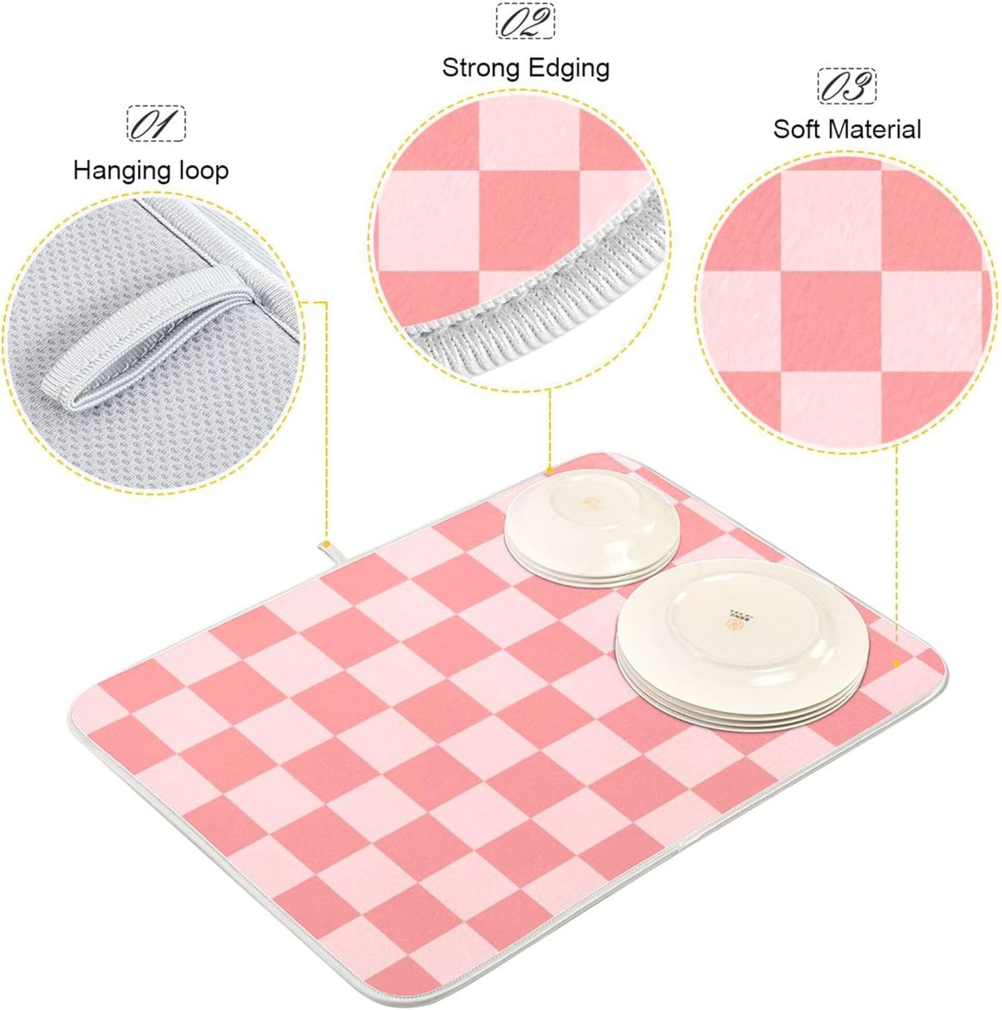 Buffalo Plaid Pink Dish Drying Mat for Kitchen Countertop 18x24 Chessboard Rectangle Large Drying Mat Reusable Quick Dry Dish Sink Absorbent Mats Dishwasher Easy Clean Decorative Home Essentials