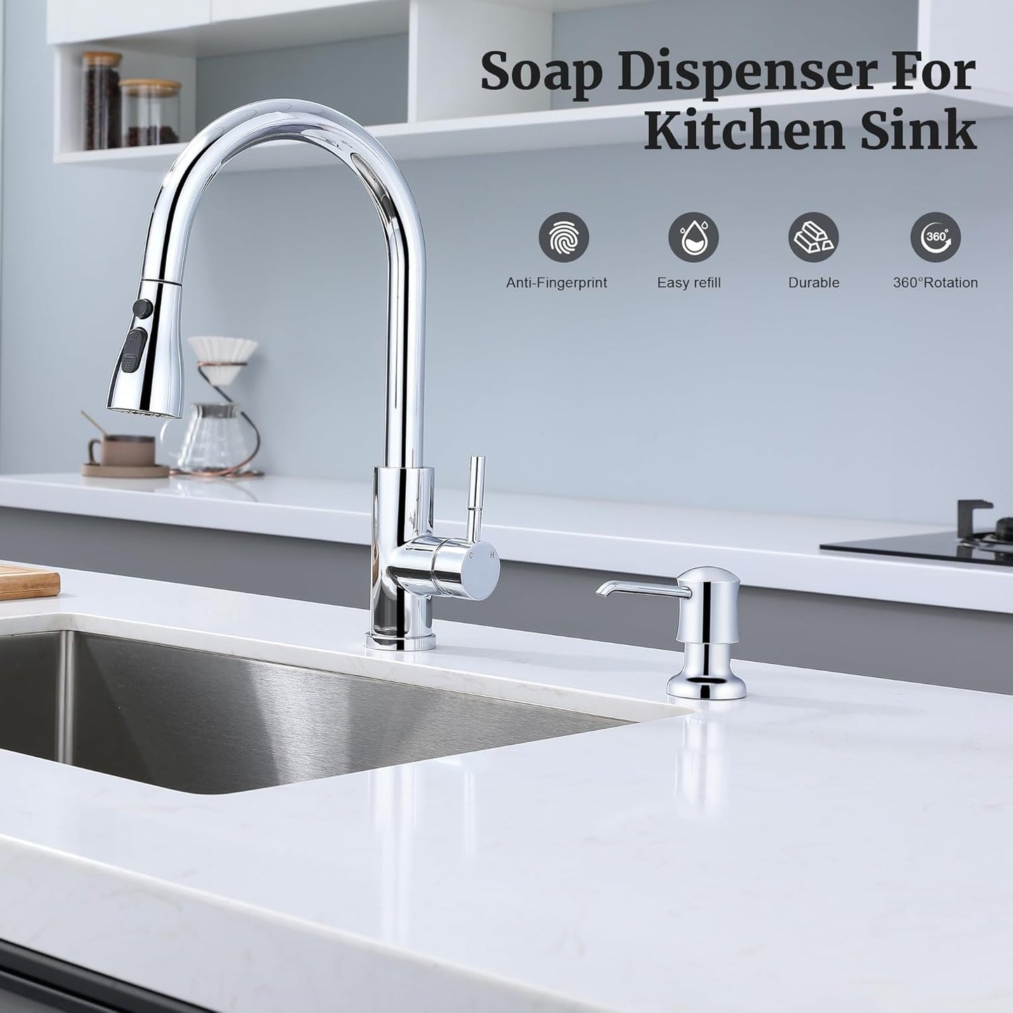 Soap Dispenser for Kitchen Sink Chrome Upgrade Built-in and Refill-from-Top Design with Liquid Hand & Dish Soap Bottle