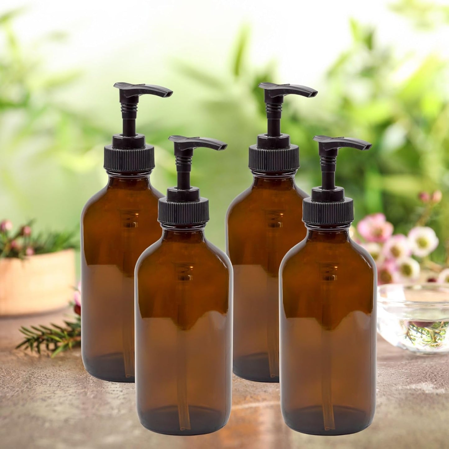 Cornucopia 8oz Glass Pump Bottles (4-Pack, Amber Brown), Lotion Soap Dispensers w/Black Plastic Pumps