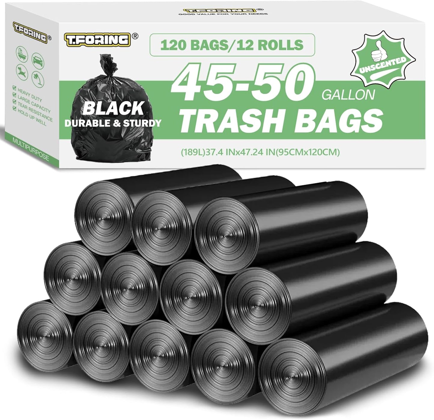 45-50 Gallon Black Trash Bags 120 Count - 38''x47'' Large Garbage Bags Unscented, 40+ Gallon Trash Can Liners, Multipurpose for Office, Outdoor, Yard and Commercial