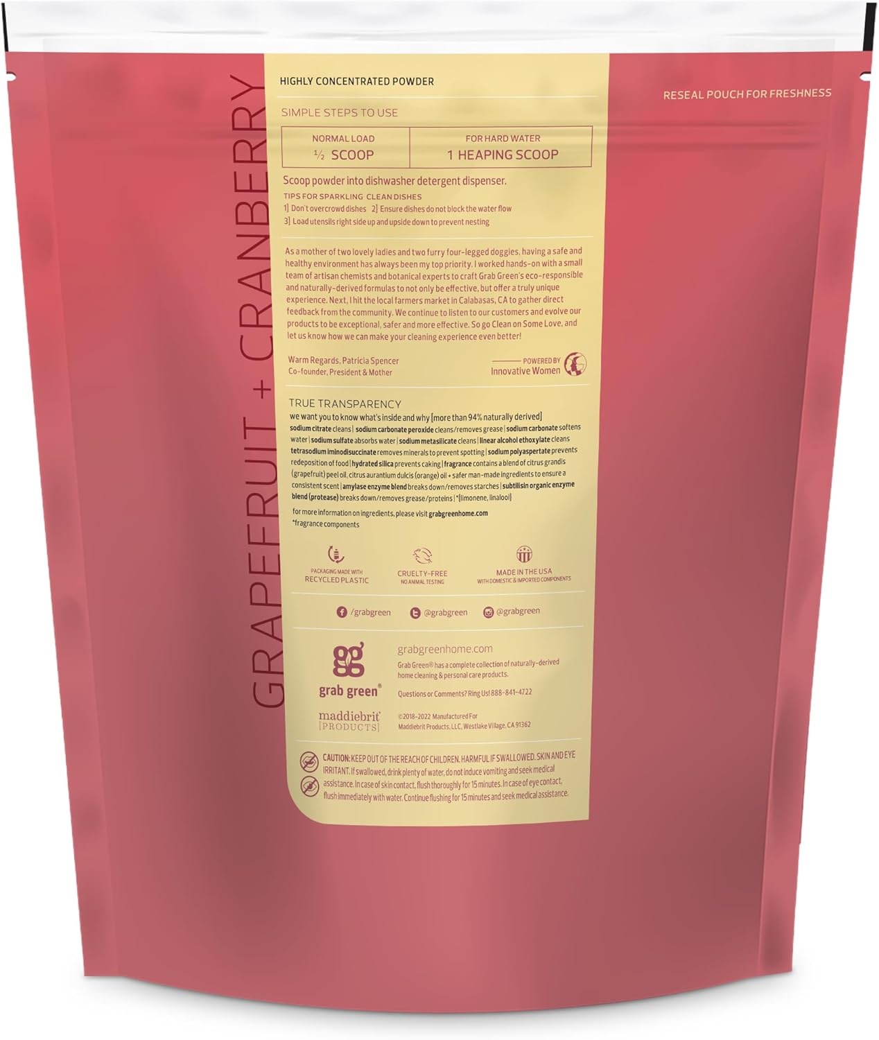 Grab Green Automatic Dishwashing Detergent Powder 3.17 lbs, 80 Loads, Grapefruit Cranberry Scent, Plant and Mineral Based, Superior Cleaning, Powerful Grease Removal, Brilliant Shine