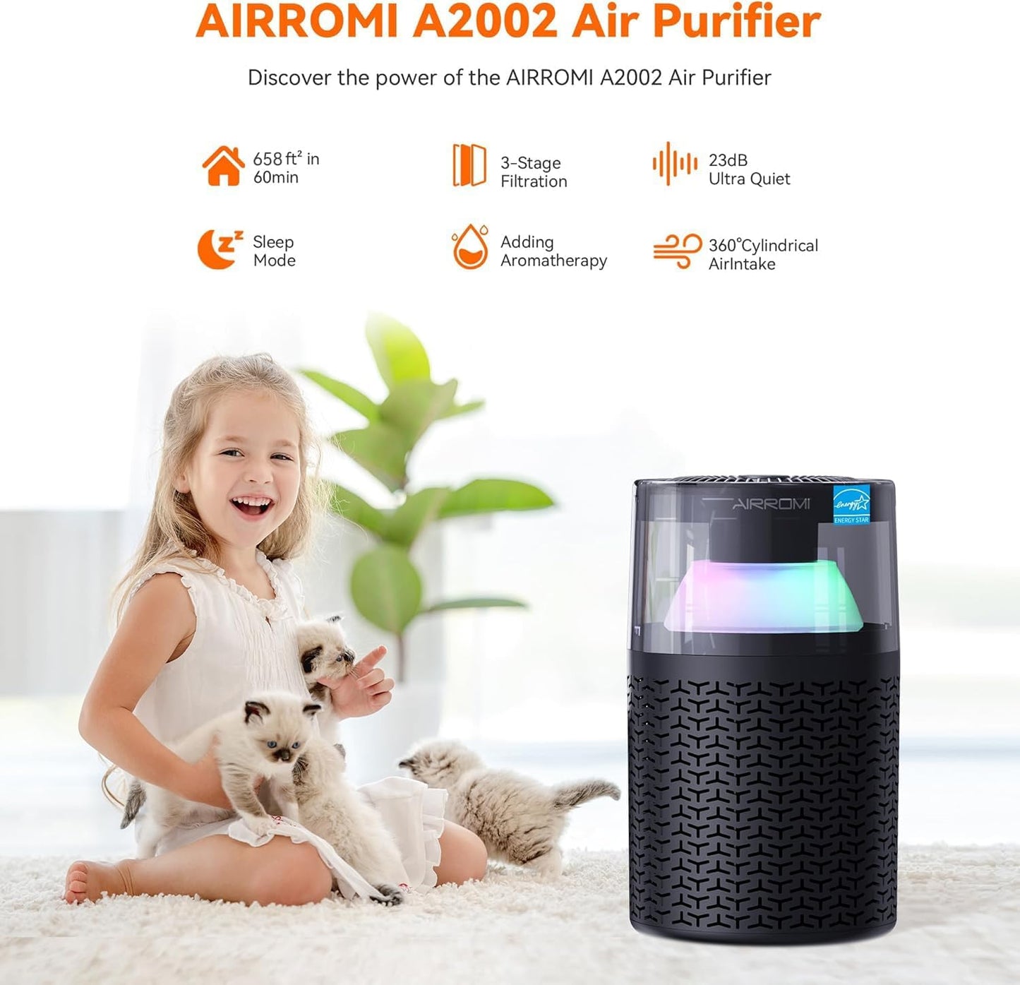 AIRROMI Air Purifiers for Bedroom Home,Up to 658 Ft²,Activated Carbon Filter Cleaner,With Fragrance Sponge for Better Sleep,Night Light,Pet Dander,Allergies,Smoke,Odor,Desktop Air Cleaner A2002 Black