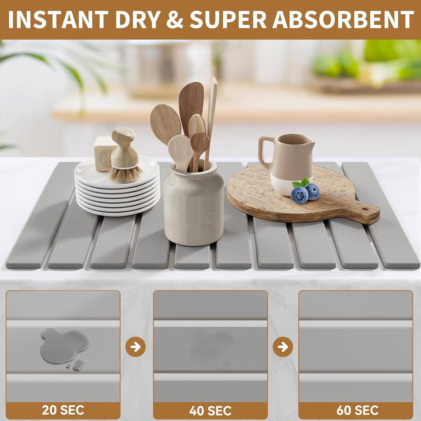 Stone Dish Drying Mats for Kitchen Counter-23.6''x15.3'' Foldable Quick Dry Stone Mat Kitchen,Eco-Friendly,Absorbent Diatomaceous Earth Mats for Dishes Bottles Cups Bathroom Any Countertop-Light Gray