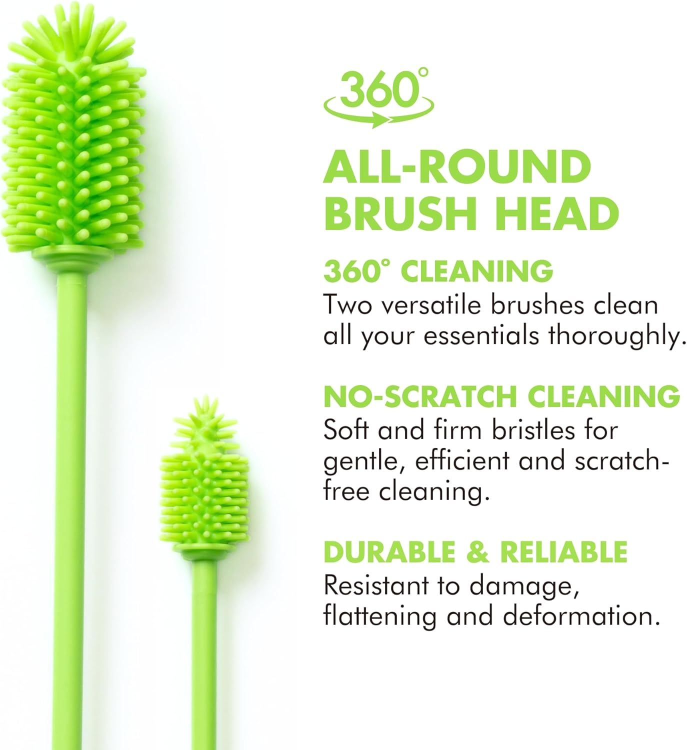 GrandTies Silicone Cleaning Brush Set | Extra Long Brush for Narrow Neck, Water Bottle, Cup, Mug, Blender, Tumbler, Hydro Flask, Baby Bottle, Wine Glass (Fresh Mint)