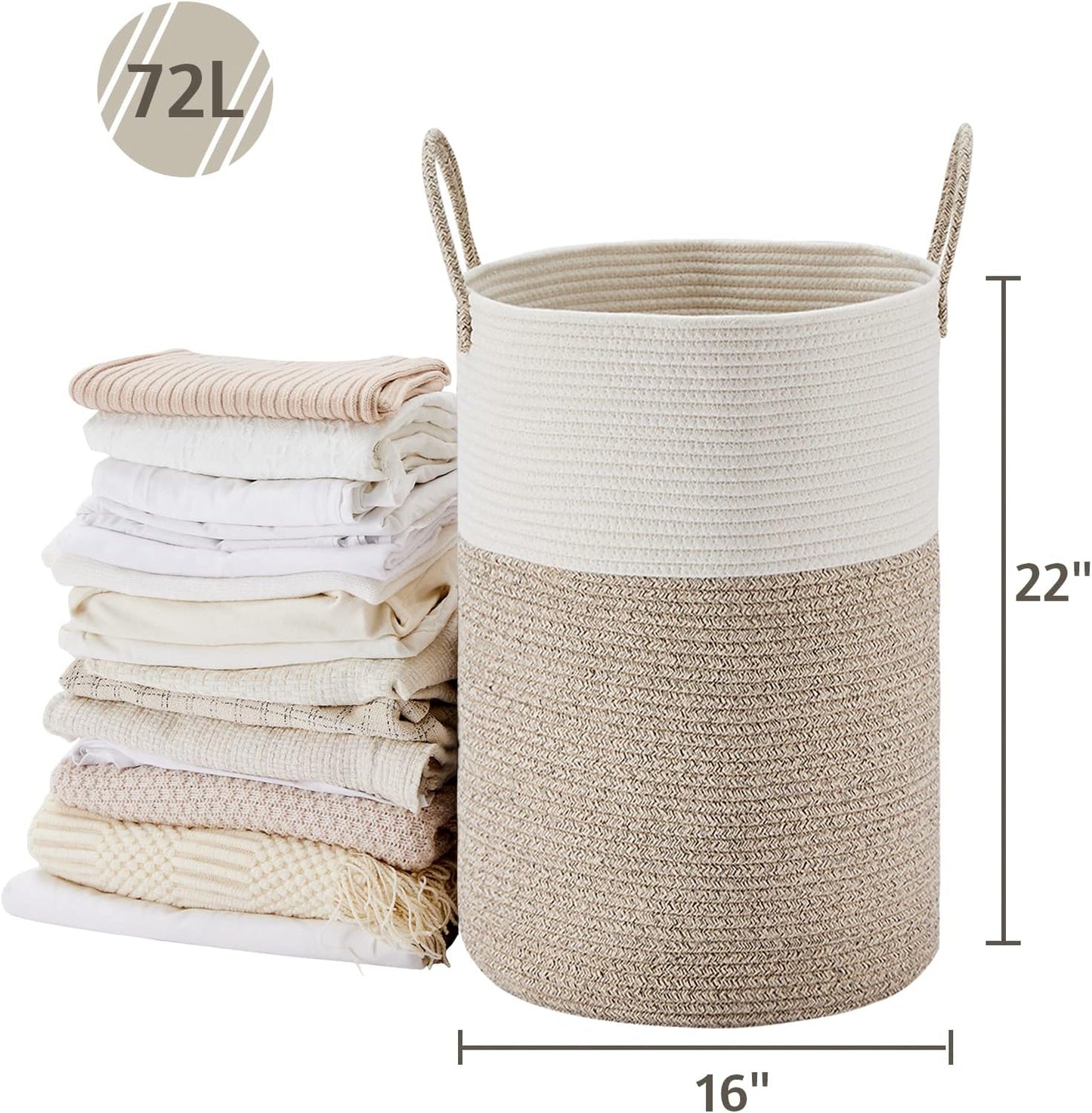 VIPOSCO Large Laundry Hamper, Tall Woven Rope Storage Basket for Blanket, Toys, Dirty Clothes in Living Room, Bathroom, Bedroom - 72L White & Brown