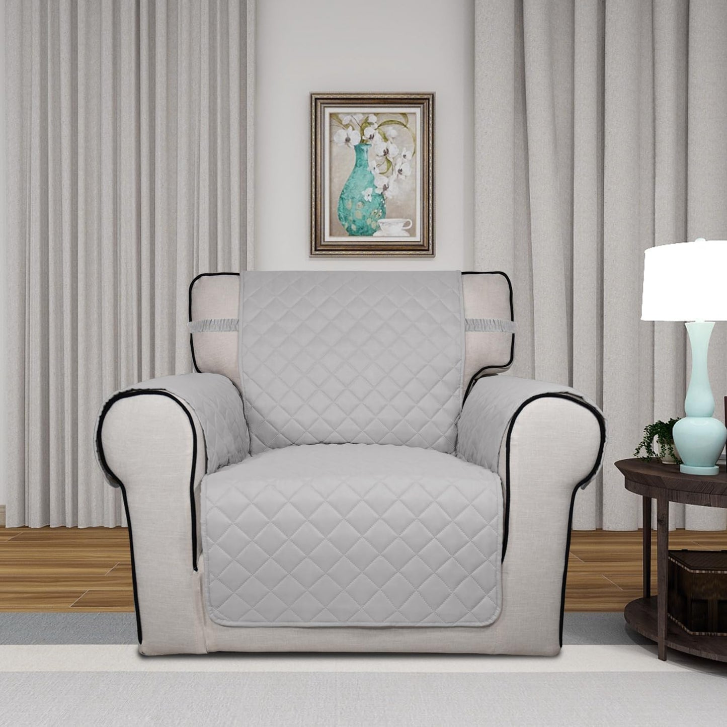 PureFit Reversible Quilted Sofa Cover, Water Resistant Slipcover Furniture Protector, Washable Couch Cover with Non Slip and Elastic Straps for Kids, Dogs, Pets (Chair, Light Gray/Light Gray)