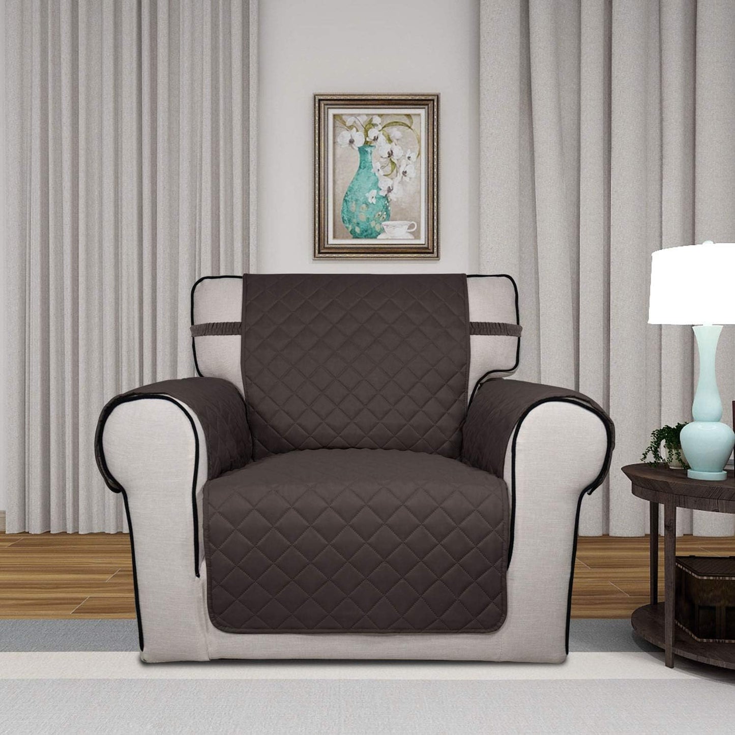 PureFit Reversible Quilted Sofa Cover, Water Resistant Slipcover Furniture Protector, Washable Couch Cover with Non Slip and Elastic Straps for Kids, Dogs, Pets (Chair, Chocolate/Beige)