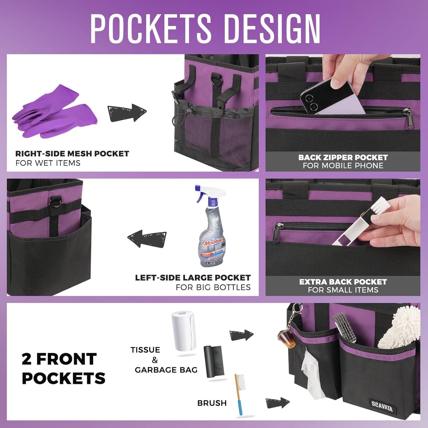 Compact Wearable Cleaning Caddy, Small Cleaning Caddy Supplies Organizer with Handle & Shoulder Straps for Housekeepers, Under Sink & Car Cleaning Tool Organizers Bag (RoyalPurple)