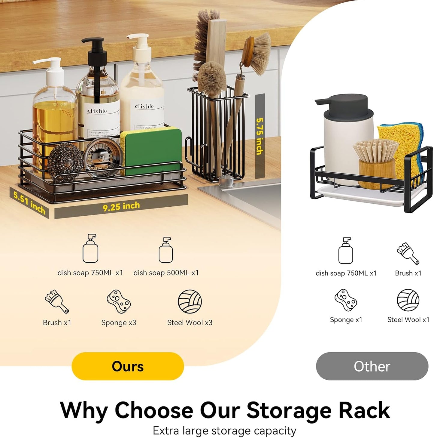 Yofidra Kitchen Sink Caddy: Sink Sponge with Instant Drying Stone, Metal Stainless Steel Dish Sponge Holder Basket for Sponges, Scrubbers, Soap, 9.5" X 5.5" X 5.7" Home Decor Storage and Organization