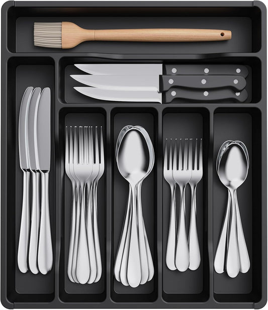Lifewit Silverware Drawer Organizer Tray, Plastic Cutlery Storage for Kitchen Drawer, Flatware and Utensil Holder Divider for Spoons Forks Knives Tableware, 7 Compartment, Black