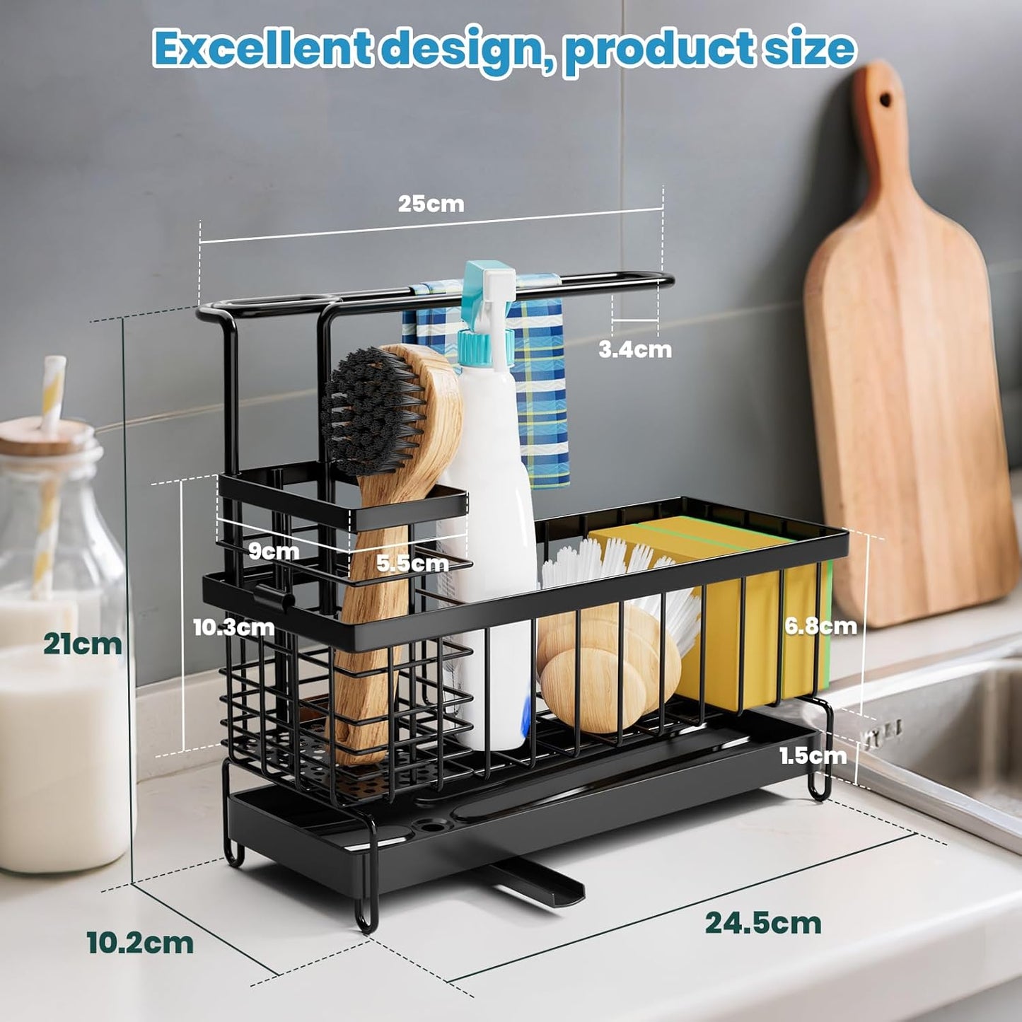 Kitchen Sink Caddy, Sponge Holder with 360 Degree Rotating Drain, Carbon Steel Organizer with High Brush Holder Rustproof, Sink Caddy Organizer for Kitchen Gadgets and Decor