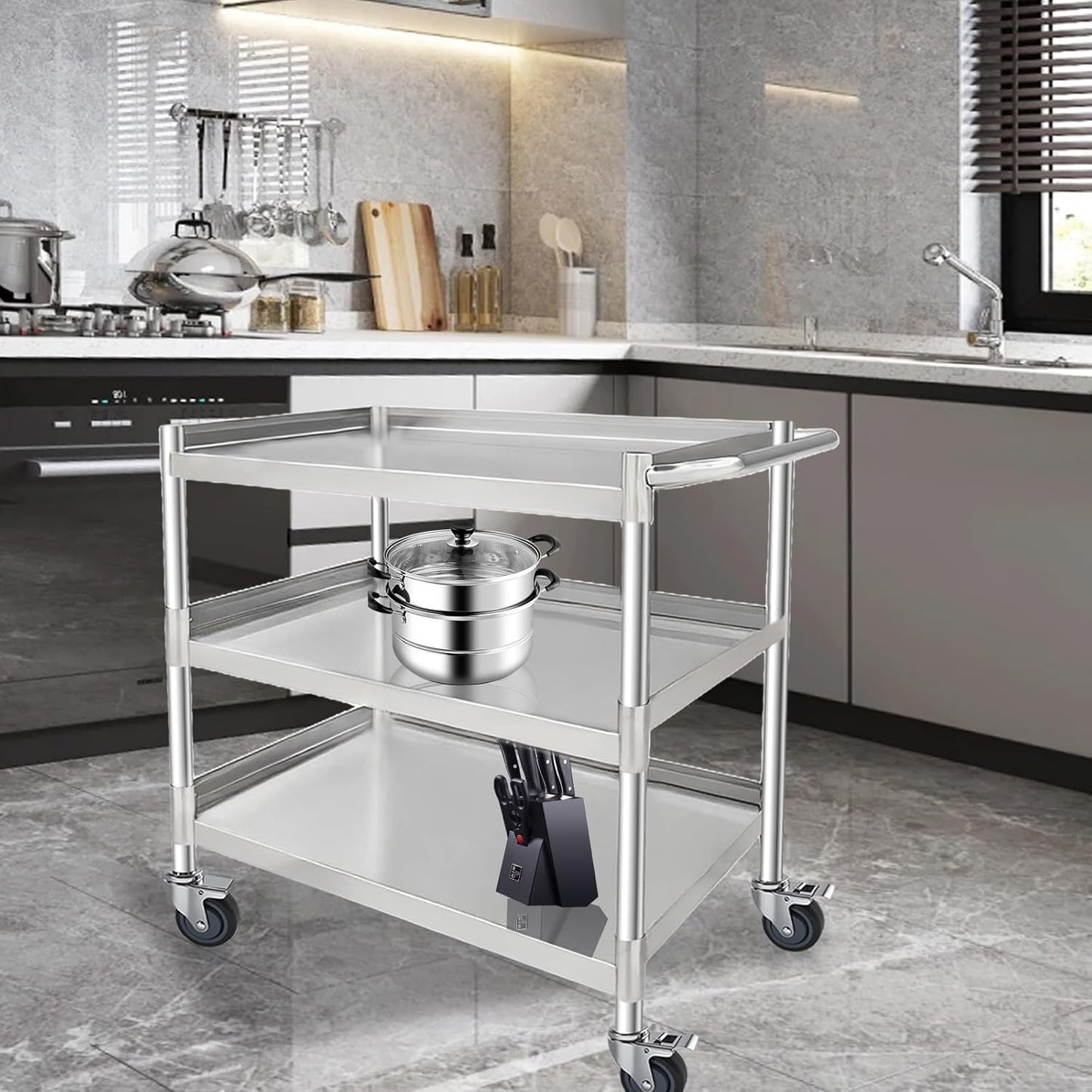3-Shelf Stainless Steel Rolling Utility Cart - Heavy-Duty Metal Mobile Storage with Handle & Locking Wheels - Ideal for Kitchen, Medical, Lab, Restaurant & Home Use (19''x31''x34'')