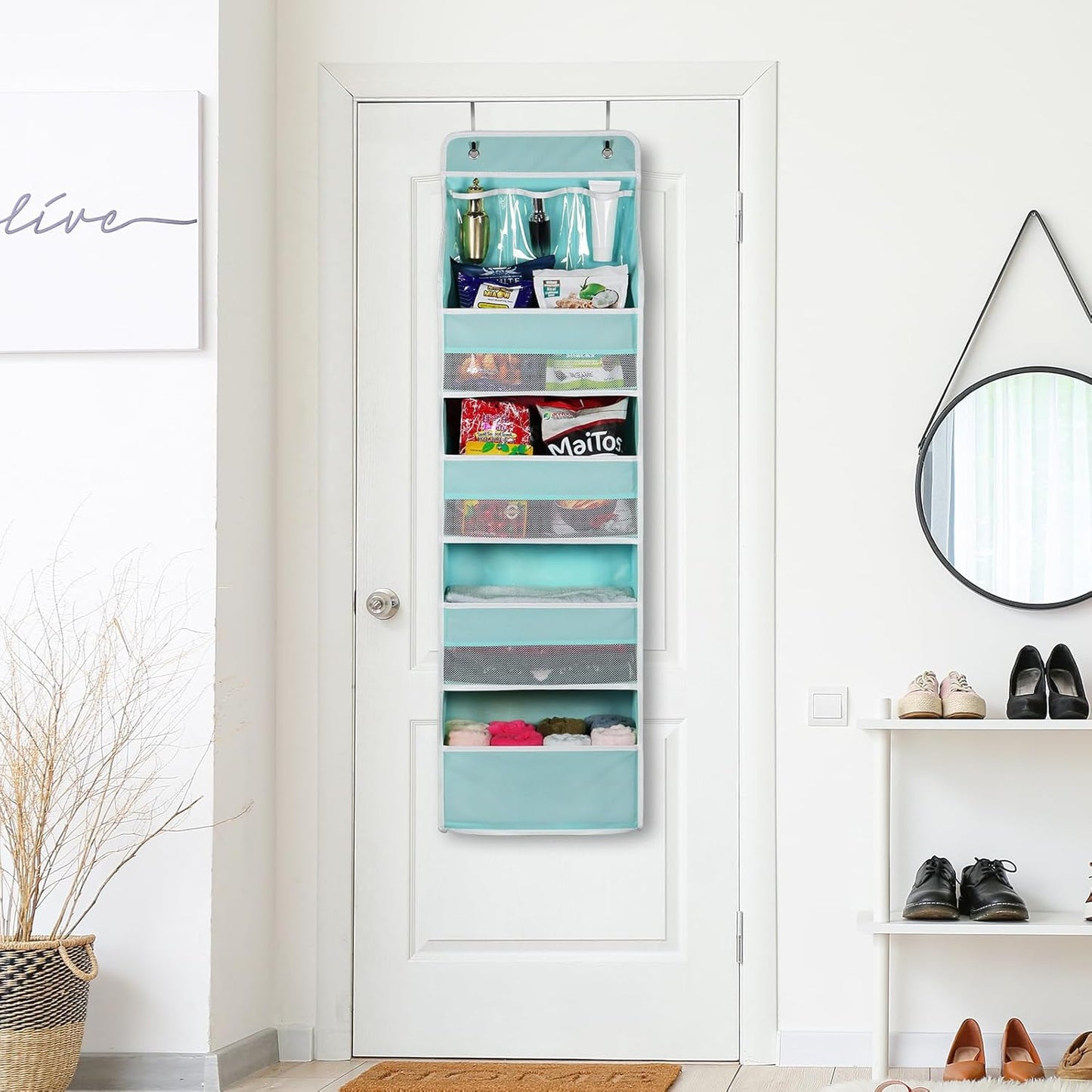 Univivi 5-Shelf Fabric Door Storage Over Door Hanging Organizer with 4 Large Pockets and 3 Small PVC Pockets Nursery Closet Cabinet Wall Mount Hanging Storage Organizers for Baby Nursery (Blue)