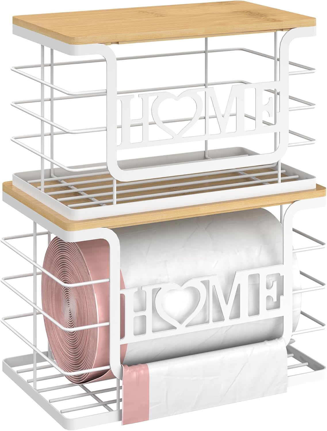 Trash Bag Holder, Thipoten Trash Bags Dispenser with Bamboo Top, Suitable for Garbage Bags Purchased Online or Supermarket, Perfect Storage Organizers for Cabinet, Under Sink (White, 2pack-XL/L)