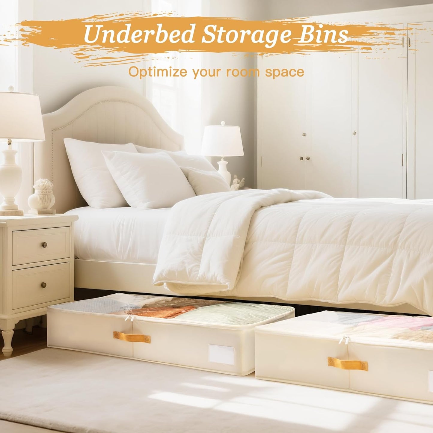 Criusia Under Bed Storage Bins with Clear PVC Lids – 2 Pack Large Underbed Organizers with Heavy-Duty Handles, Reinforced with 800G PP Panels & 80G Non-Woven Fabric – Waterproof & Foldable, Beige