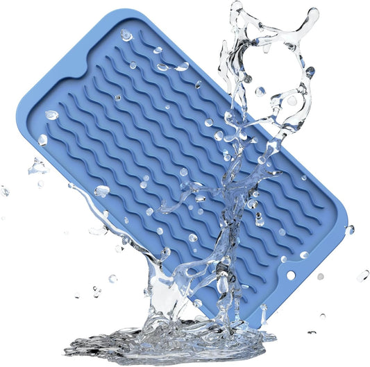 ZLR Silicone Dish Drying Mat for Kitchen Counter, Eco-Friendly Fast Dry Dish Mat, Easy Clean Multi Usage Drying Matt, Heat Resistant Trivet, 6" x 12" Extra Small, Lichen Blue