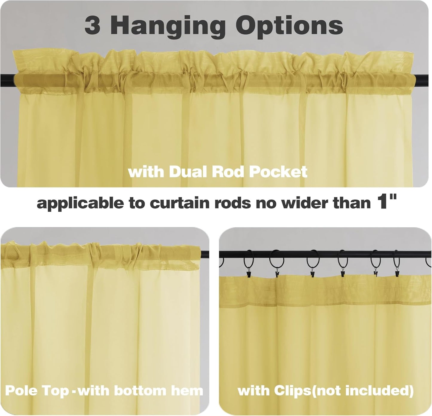 Chyhomenyc Sheer Yellow Tier Curtains 24 Inch Length, Small Window Curtains Treatment for Bathroom Living Room Basement, Short Rod Pocket Cafe Curtain, 42W x 24L Inches, 2 Panels