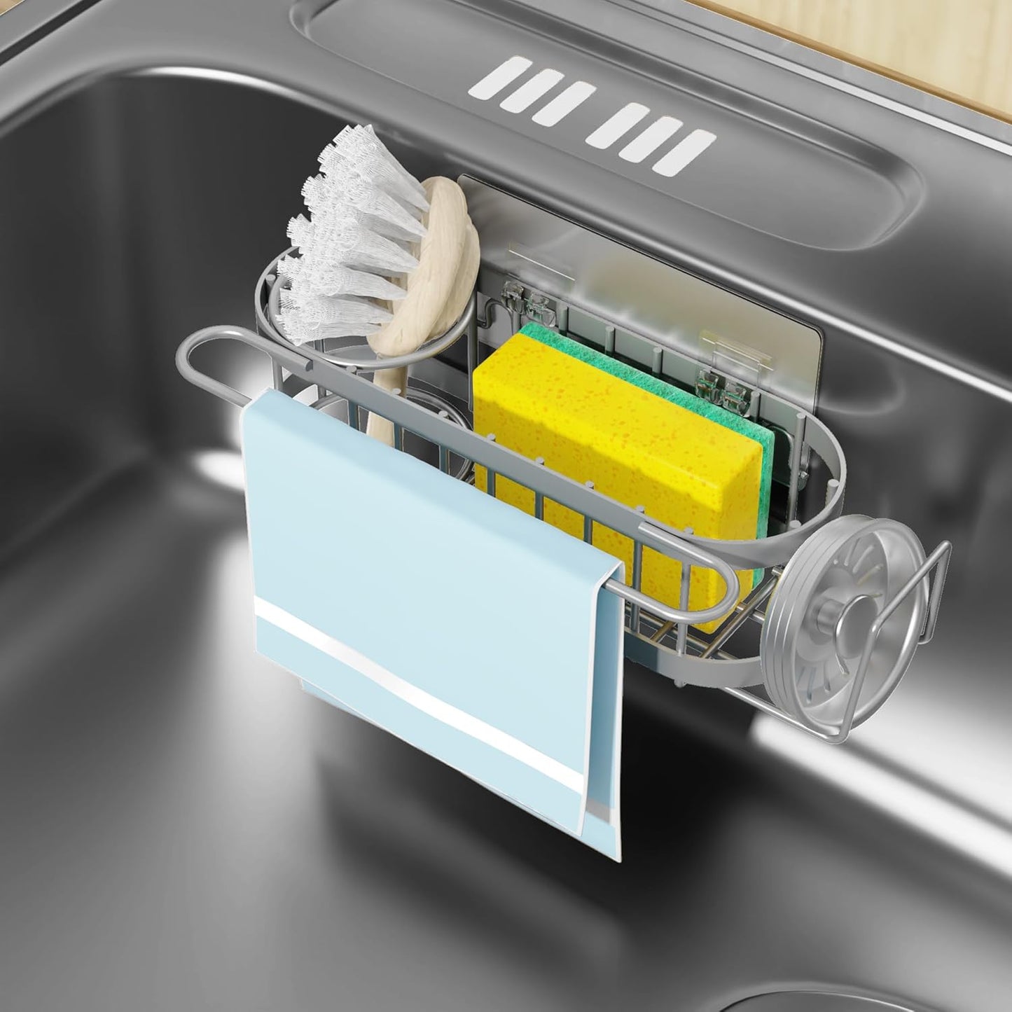 Cisily Grey Kitchen Sink Caddy Sponge Holder in the Sink, Stainless Steel Kitchen Organizer, Brush Holder, Dish Cloth Hanger 2 Installation Ways (Suction & Adhesives