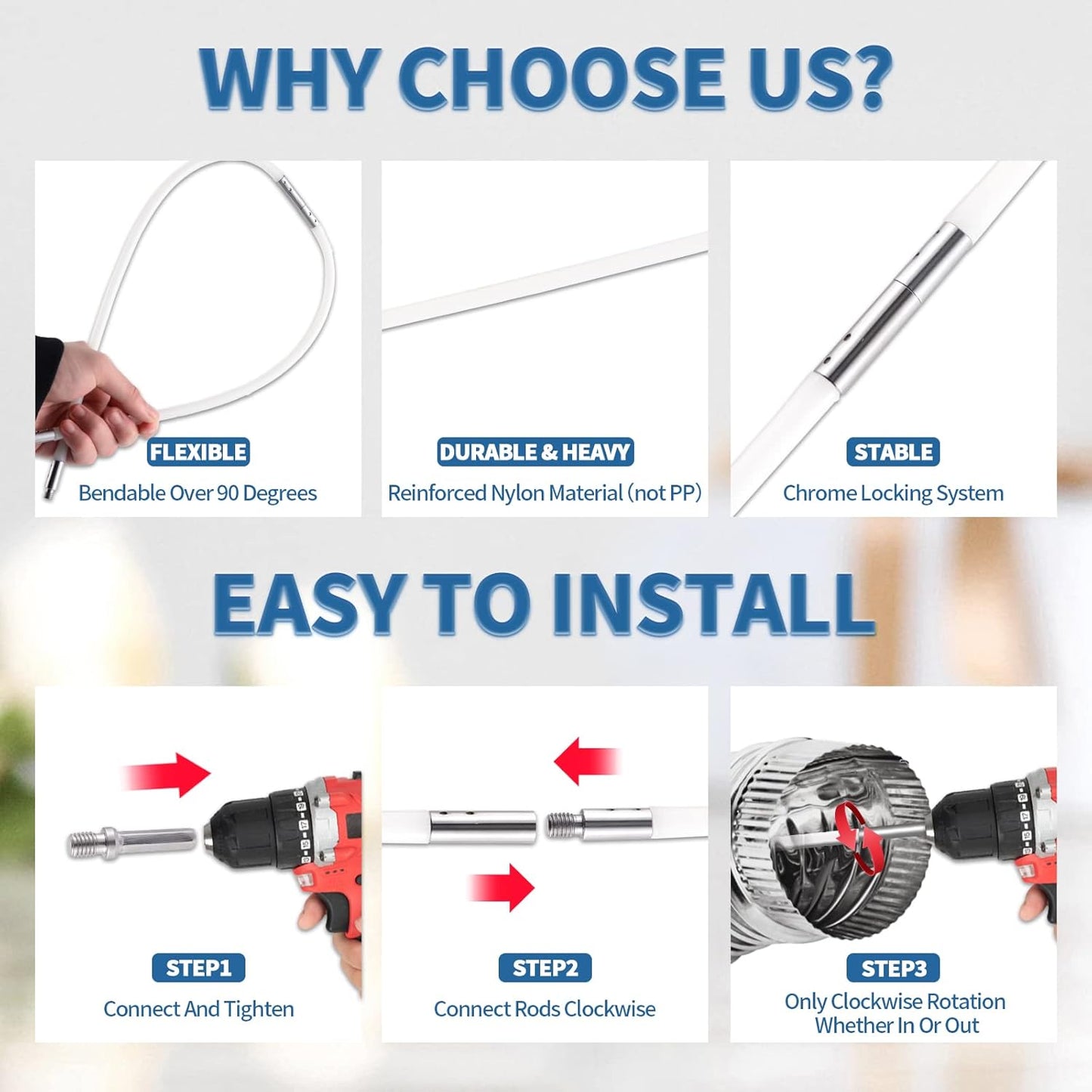 Bluesea 7 Pieces 16 Feet Dryer Vent Cleaner Kit, Reinforced Nylon Dryer Vent Cleaning Kit, Durable Dryer Vent Brush Vacuum Attachment with Flexible Lint Trap Brush, Vacuum & Dryer Adapters Upgrade