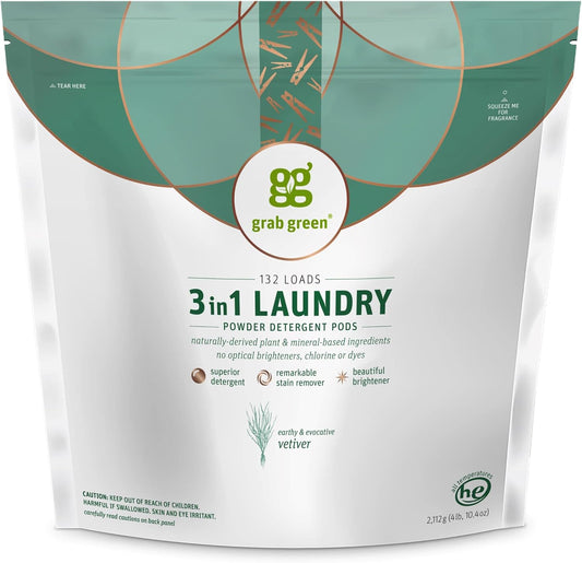 Grab Green 3-in-1 Laundry Detergent Pods, 132 Count, Vetiver Scent, Plant and Mineral Based, Superior Cleaning Power, Stain Remover, Brightens Clothes