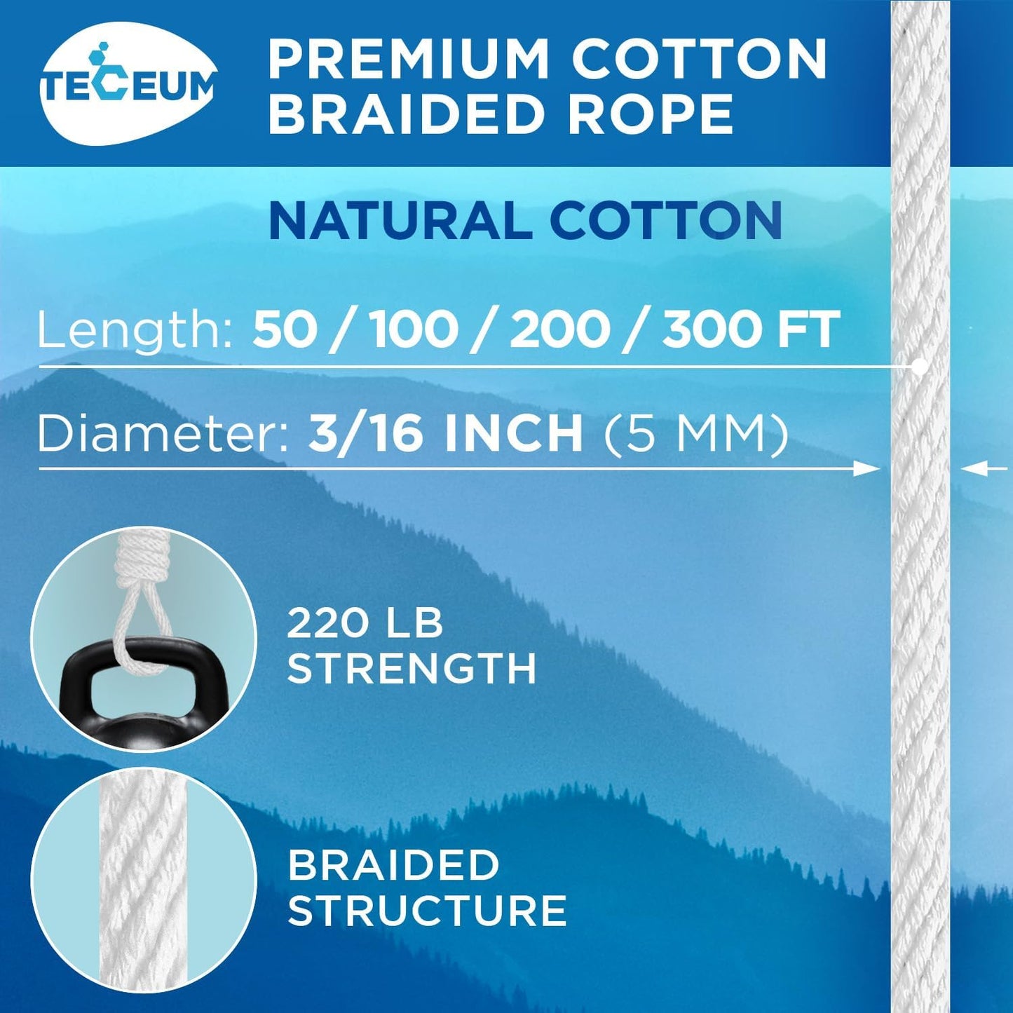 TECEUM Cotton Rope 3/16” (5 mm) – 200 FT – Strong All-Purpose Braided Rope – Natural Cotton – for Crafting, Сamping, Clothes Line, DIY, Indoor & Outdoor Use – White