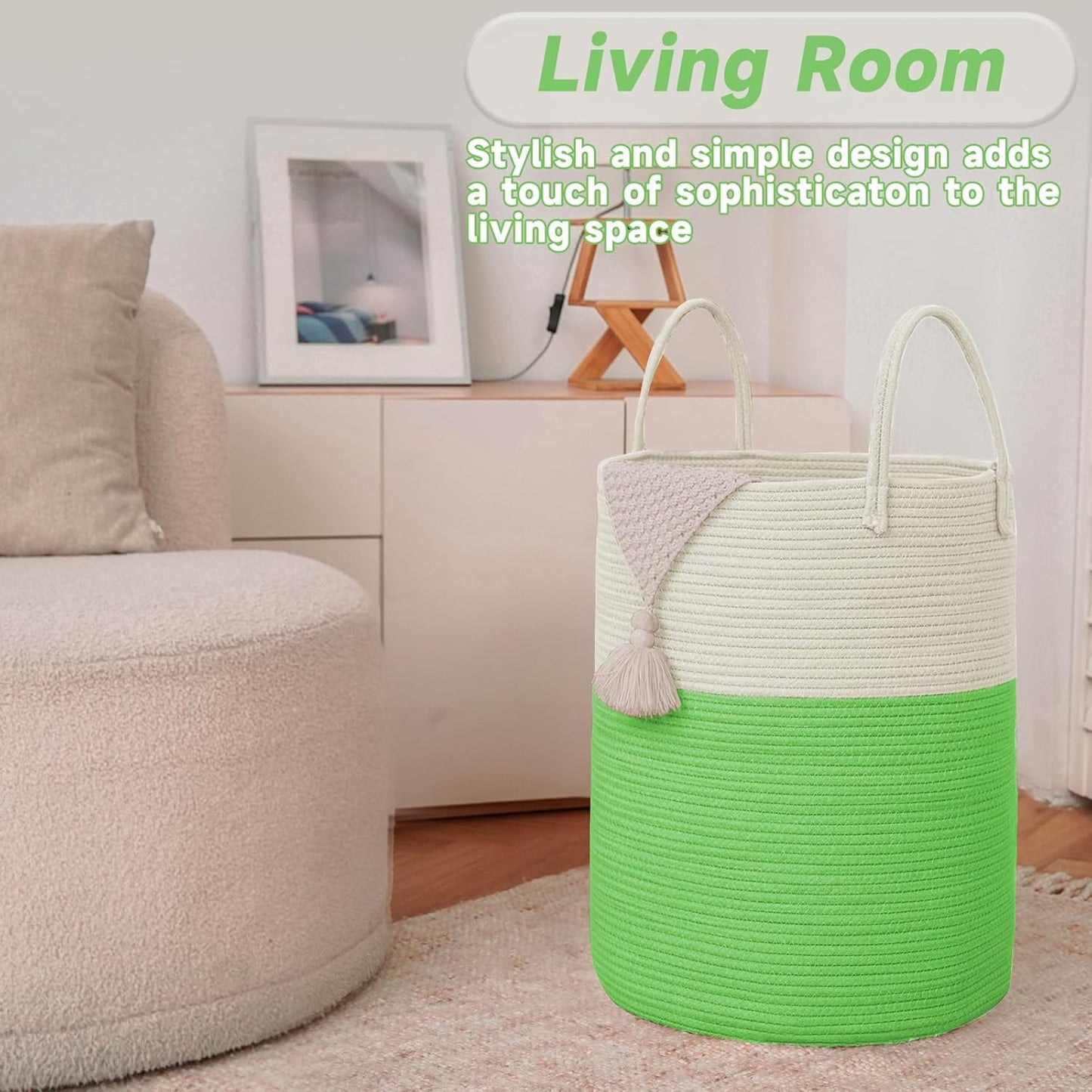 Large Woven Laundry Basket Hamper,80L Cotton Rope Storage Bin for Blankets,Toys and Clothes,Decorative Tall Nursery Hamper for Living Room,Baby Nursery,Bathroom and Bedroom,Light Green