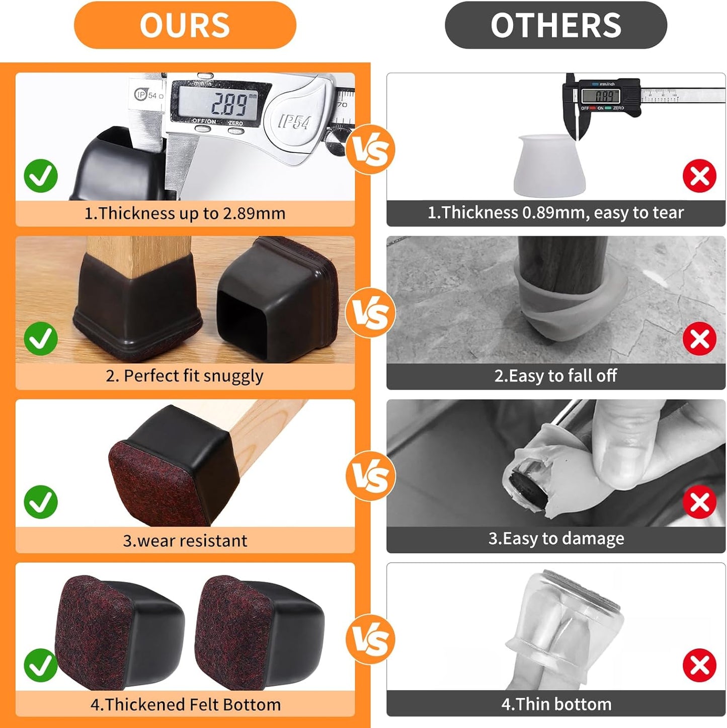 Ezprotekt 8 Pcs Extra Large Square Chair Leg Floor Protectors, Silicone Felt Furniture Pads for Hardwood Floor, Dining Table Bar Stool Leg Protectors Leg Cups Covers (XL Fit: 1.5" - 2", Black)