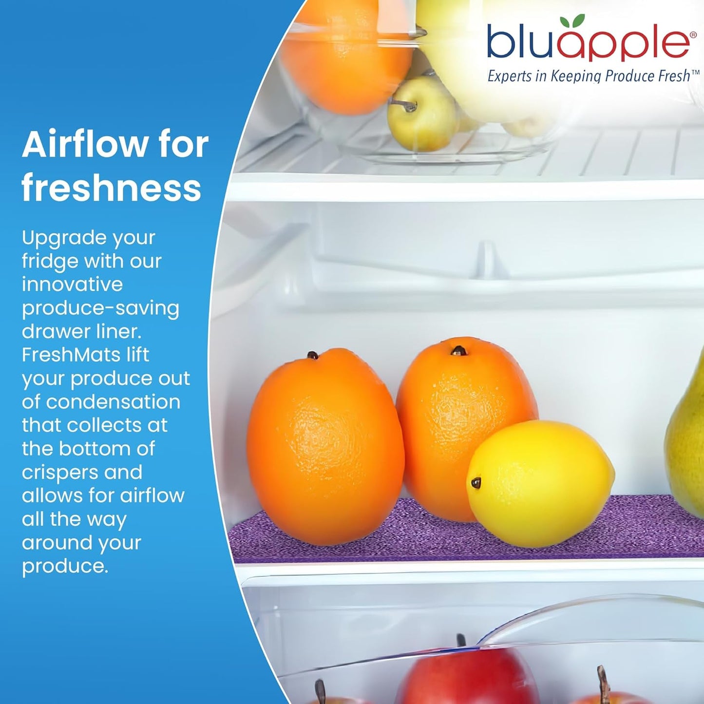 Bluapple FreshMats, Refrigerator Bin Liner, Fridge Drawer Mats, Crisper Life Extender Liner Keeps Produce Fresh Longer, Anti-Bruising, for Air Circulation, Washable & Reusable (4-Mats, 12x15, Purple)
