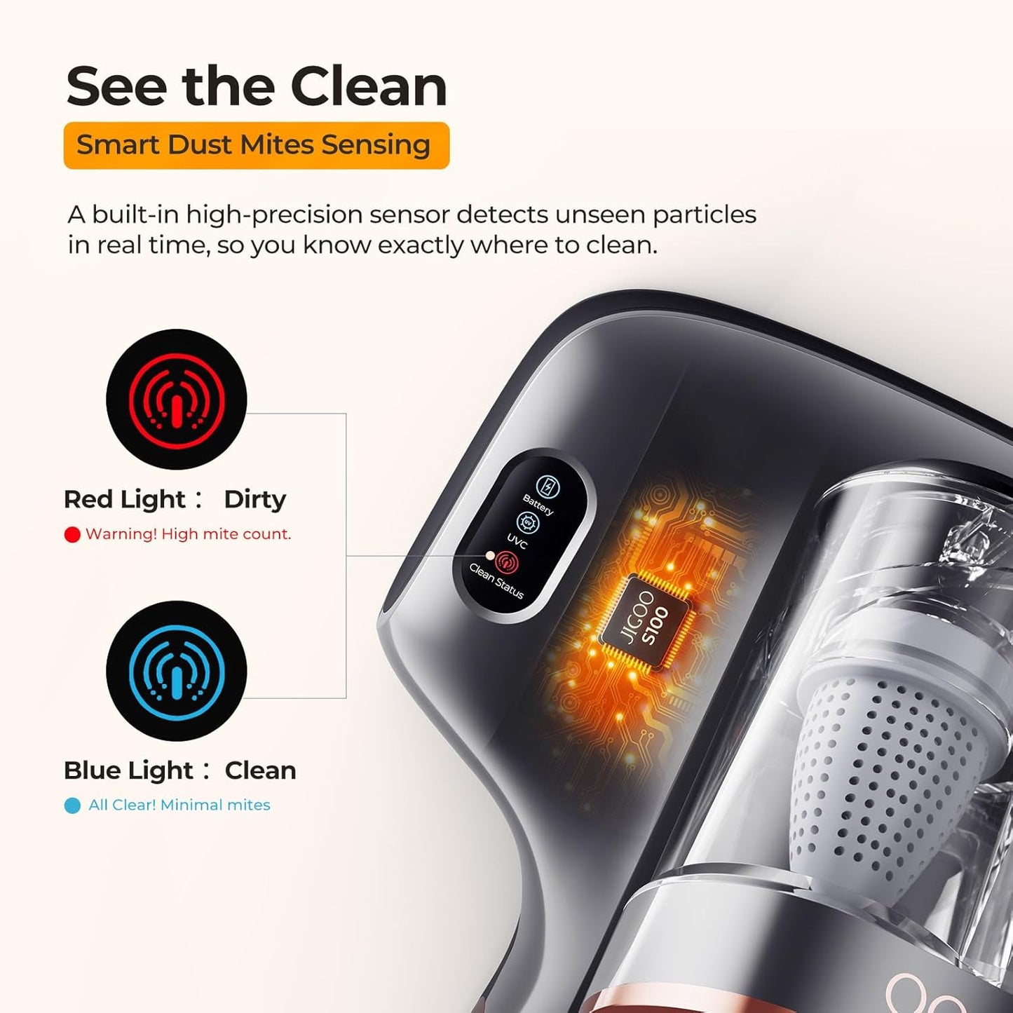 JIGOO Mattress Vacuum Cleaner with UV-C Light, Bed Vacuum Cleaner with Dust Sensor, Ultrasonic and High Heating, Deep Cleaning Bed Vacuum for Sofa Bed Fabric Surface (S100 Cordless)