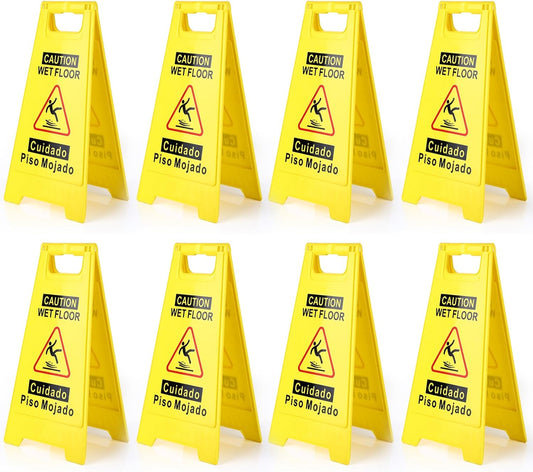 8-Pack Caution Wet Floor Sign,17.5" Height,Bright Yellow Double-Sided Folding A-Shaped Frame Design, Bilingual Caution Message